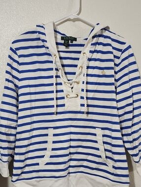 Lauren Ralph Lauren White & Blue Striped Lace-Up Hoodie